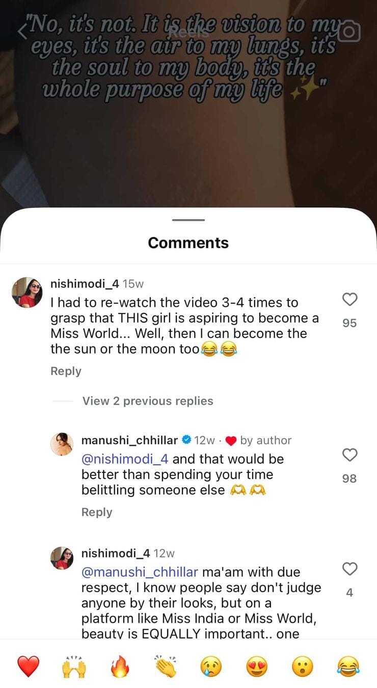 Miss World Manushi Chhillar Shuts Down Troll Who Mocked Miss World Aspirant's Crown Tattoo ()